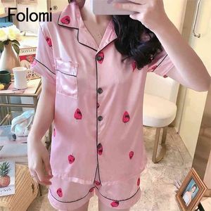 Printing Short Sleeve Silk Pajamas Set Two Piece Sleepwear Cute Nightwear for Sleeping set 210831