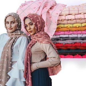 Vanlig Pom Bomull Scarf Kvinnor Muslim Hijab Stor Storlek Plaid Striped Scarves Headband Solid Färg Islamiska Bandana Stoles