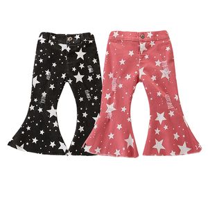 1-6Y Star Print Pants Nyfödd Småbarn Baby Girls Denim Bell Bottoms Casual Elastic Waist Barn Kids Girls Long Flare Byxor