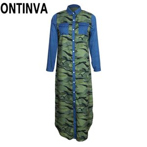 Camisa longa vestido mulheres maxi manga casual botão botão impressão camuflagem vocação de praia omighty streetwear vestidos 210527