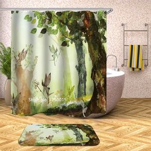 シャワーカーテンヨーロッパスタイルアンチ - 油絵ガーデングリーングリーンシーン竹の水中景観カーテン防水