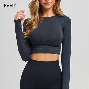 Peeli Manica lunga Palestra Crop Top Sport Yoga Top Donna T-shirt senza cuciture Fitness Crop Top Sport Active Wear Allenamento Camicia atletica 220311