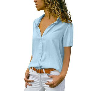 Camicia grande da donna, camicia casual a maniche corte con scollo tondo, camicia da donna alla moda, bottone