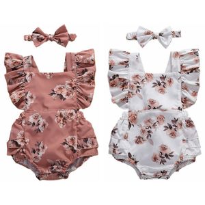 Summer Baby Girls Casual Pagliaccetto Set Girl Cotton Infant Backless Flare Sleeve Body + Bowknot Headband34 210312