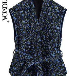 벨트와 함께 KPYTOMOA 여성 패션 벨트 플로랄 프린트 얇은 패딩 된 허리 코트 빈티지 V 넥 민소매 여성 겉옷 세련된 Veste 211101