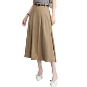 Skirts Summer OL Style High Waist Pleated Khaki A-line Ladies Office Flare Long Womens Faldas Streetwear 2021 Autumn