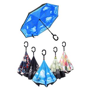 Reverse Folding Umbrella 30 Patterns Sunny Rainy Inverted Umbrellas With C-Hook Handle