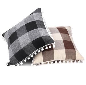 Grid Pillow Case Pompom Tassel Pillowcase Household European American Classic Style Sofa Pillows Cover Waist Pillowcases Linen 5 Color Soft And Comfortable GYL124