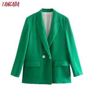 Tangada Women Solid Green Blazer Coat Vintage Double Breasted Long Sleeve Female Outerwear Chic Tops 2W57 211122