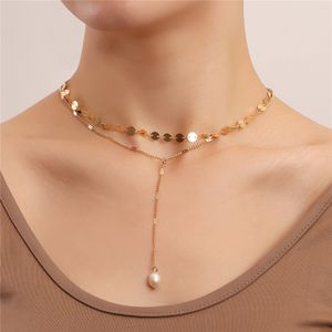 Minimalistisk Tassel Sequin Choker Halsband Bijoux Femme Pearl Pendant Clavicle Chain Valentine Day Kvinnor Sweather Smycken