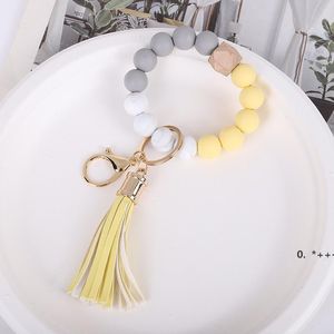 Silicone Beaded Keychain Wood Bead Armband Key Ring med Tassels String Party Favor Wristlet Nyckel Kedja för Tjej Kvinnor Handled Strap LLD12175