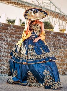 Traditonal Meksika Altın Işlemeli Quinceanera Elbiseler Donanma Mavi Sevgiliye Balo Balo Balo Brithday Elbise Uzun Tatlı 16 Elbiseler Quinceañera Vestidos de Xv Años