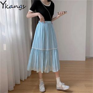 Korean Kawaii Sweet Solid Pearl Long kjol Kvinnor Summer Blue White Black High midje Sun School Midi Pleated Kirt Female 210619