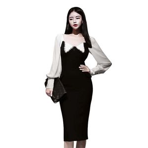Sexy Patchwork Escritório Vestido Senhoras Coréia Longa Manga V Posto Vestidos De Partido Para Mulheres Roupas 210602