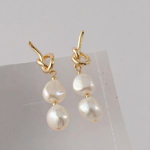 Dangle & Chandelier Peri'sBox 2 Natural Pearls Link Drop Earring Knotted Hollow Baroque Pearl Hanging Earrings Elegant Trendy Vintage