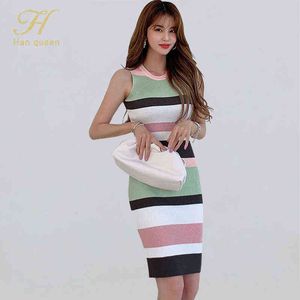 H Han Queen Elegant Occupation Sleeveless Knitted Dress Women Autumn Stretch Striped Bodycon Dresses Wear To Work Pencil Vestido G1214