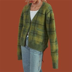 Green Plaid Cardigan Fuzzy Knit Przód Przycisk Przycisk Cropped Ty Harajuku Kobiety E-Girl Eesthetic Y2K Streetwear / 210914