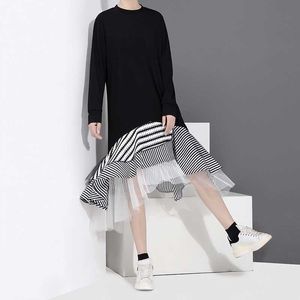 Women Long Sleeve T Shirt Midi Dress Patchwork Stripe Mesh Ruffle Flare Asymmetrical Hem Pullover Casual dresses oversize 210608