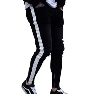 Skinny Jeans Mężczyźni Hip Hop Stripe Elastyczne Slim Fit Dżins Spodnie Mężczyzna Stretty Pencil Bottoms Ulica Knee Ripped Holes 211108