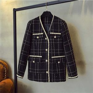 Zawfl Luxury Designer Brand Wool Blandningar Coat för Kvinnor Mode Svart Vintage V-Hals Plaid Wide Waisted Tweed Coat S-XXL 211112