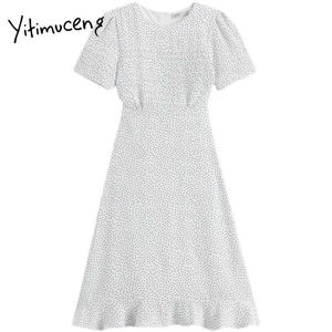 Yitimuceng White Dot Folds Zipper Wysoka talia Sukienki Kobiety A-Line O-Neck Krótki Rękaw Odzież Letnia Francuska Dress 210601