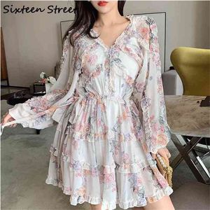 Woman's Dress Floral Printed V-neck Vestidos Lady Full-sleeve Elegant Vintage Mini Female Autumn And Spring Clothing 210603