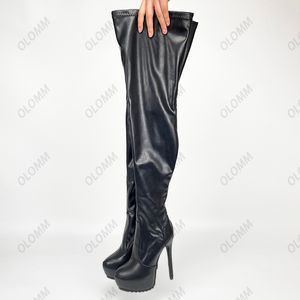 Olomm Neue Frauen Winter Plattform Oberschenkel Stiefel Volle Seite Zipper Stiletto Ferse Runde Kappe Schwarz Nachtclub Schuhe Plus UNS größe 5-20