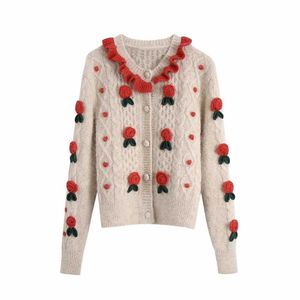 Mulheres Malha Cardigan Ruffled Neck mangas compridas Floral Crochet Cropped Casual Moda Mulheres Suéteres 210709