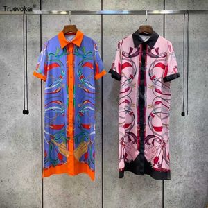 Truevoker Summer Casual 100% Silk Straigth Dress Lady Krótki Rękaw Wyłącz Kołnierz Totem Print Prom Robe Festa Vestido 210602