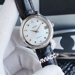 새로운 여성 스테인레스 스틸 크리스탈 무지개 보석 시계 진주 쉘 시계의 어머니 자동 기계 캘린더 시계 33mm