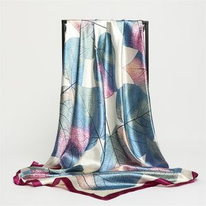 女性For女性のためのスクエアスカーフのためのfoulard satin hijabシルクショールネッカーチオの女性ヘッド包装リーフプリントヘッドバンドヘアバンドバンダナ