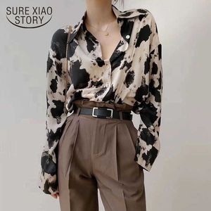 Kuh Print Button Up Shirts Frauen Langarm Bluse Koreanische Mode Kleidung Chiffon Streetwear Plus Größe Tops Frühling 13486 210528