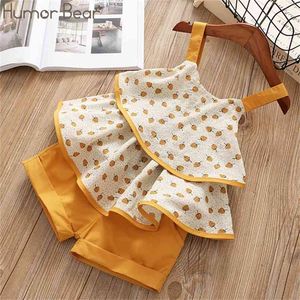 Summer Girl Clothes Suit Marka Owoce Wzór Sling T-shirt + Spodenki 2 sztuk Zestaw Toddler Kid Baby Girls Odzież 210611