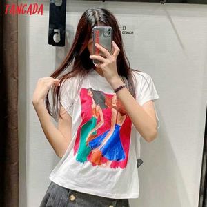 Tangada Summer Women Girls Pittura Stampa T-shirt oversize in cotone O Neck T-shirt da donna Casual T-shirt Street Wear Top TA3 210609