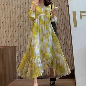 Boho Printed Maxi Dresses for Woman Runway Design V-neck Yellow Clothing High Waist Long Sleeve Vintage Female 210603