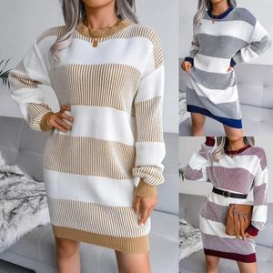 Casual Dresses Sweater Klänning Kvinnors 2021 Höst och Vinter Ankomst Långärmad Stickad Ladies Striped Loose Blue Grey