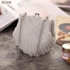 Evening Bags Shell Design Women Evening Bags Knitted Vintage Beading Party Day Clutch Small Retro Messenger Purse Bags 220314