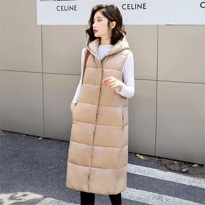 Hooded Solid Winter X-Long Thick Vest Jacket for Women Casual Loose Down Cotton Waistcoat Quilted Zipper Sleeveless 211120