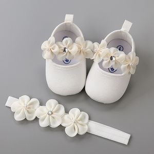Headband Cotton Soft Sole Flower Shoes Set For Newborn Baby Girl Christening bed Shoes Baptism Fille Cute Ivory First Walkers 210312