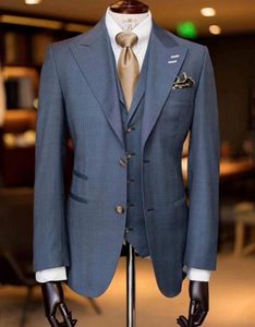 Novo estilo azul noivo tuxedo pico lapel fino fit groomsmen homens vestido de casamento excelente homem jaqueta blazer 3 peças terno (jaqueta + calça + colete + gravata) 2600