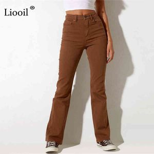 Mulheres Alto cintura Calças de Estiramento de Brown Calças de perna reta com bolsos Streetwear Sexy Skinny Algodão Denim Calças Long 211129