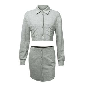 PERHAPS U Women Two Pieces Set Gray Short Cropped Turn Down Collar Shirt Pocket Long Sleeve Mini Skirt Button T0250 210529