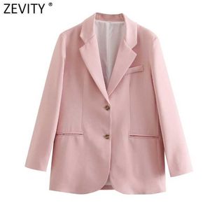 Zevity Women Sweet Candy Color Fitting Blazer Coat Office Lady Long Sleeve Single Breasted Female Outerwear Chic Tops CT686 210603