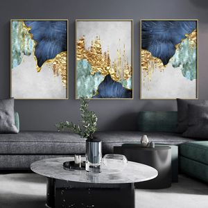 Nordisk Blå Gyllene Folie Linjer Canvas Posters Print Modern Abstrakt Väggkonst Målning Dekoration Bild Vardagsrum Heminredning