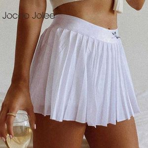 Jocoo Jolee Women Summer Y2K veckade elastiska höga midja solid high street mini kjol sexig tryckning a-line söt preppy stil 210619