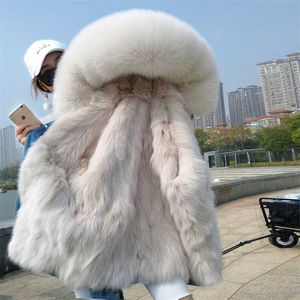 Kvinnors Fur Jacka Denim Jacka Natural Fox Fur Lining Jacket Ladies Women Winter Warm Cotton Coat 210927