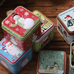 Gift Wrap Christmas Candy Box Square Shaped Red Snowman Wedding Tinplate Jar Container Storage For Snack Sugar