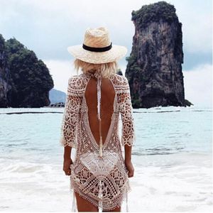 Casual Suknie Damskie Seksowne Hollow Hook Kwiat Koronki Plażowa Dress Bikini Cover Up Summer Strój kąpielowy Crochet Swimwear