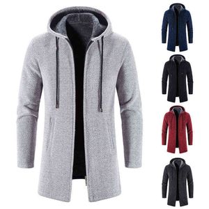 Mäns höst / vinter lång kappa grab cashmere tröja tjock varm hooded jumper cardigan mode solid färg jacka 211109