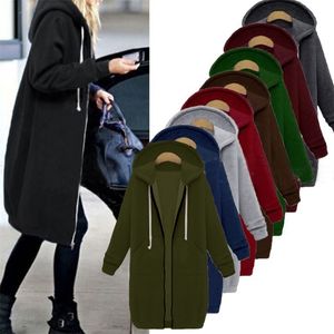 Laamei Herbst Winter Casual Frauen Lange Hoodies Sweatshirt Mantel Zip Up Oberbekleidung Kapuzenjacke Plus Größe Outwear Tops 201127